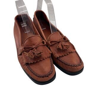 Dexter Comfort Brown Leather Tassel Fringe Block Heel Slip On Loafer Shoes